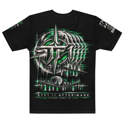 Back view of black STF1 Afterimage 001 T-shirt featuring large distorted signal artwork and technical markings