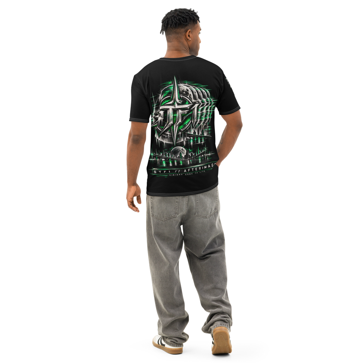 Male model wearing the STF1 Afterimage 001 T-shirt, back view showing the large coded Afterimage artwork