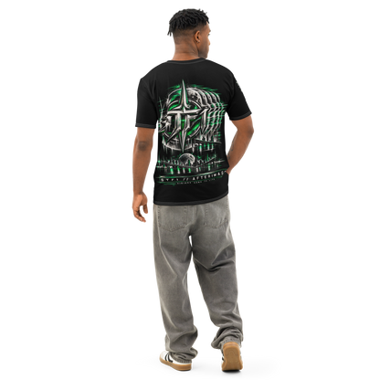 Male model wearing the STF1 Afterimage 001 T-shirt, back view showing the large coded Afterimage artwork
