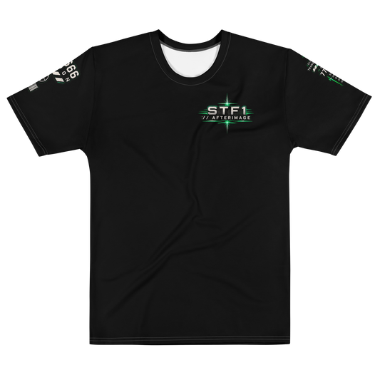 Front view of black STF1 Afterimage 001 all-over print T-shirt with emerald chest logo and coded sleeve graphics