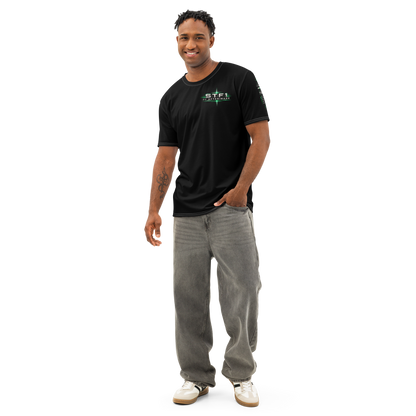 Male model wearing the STF1 Afterimage 001 T-shirt, front view showing the emerald chest design
