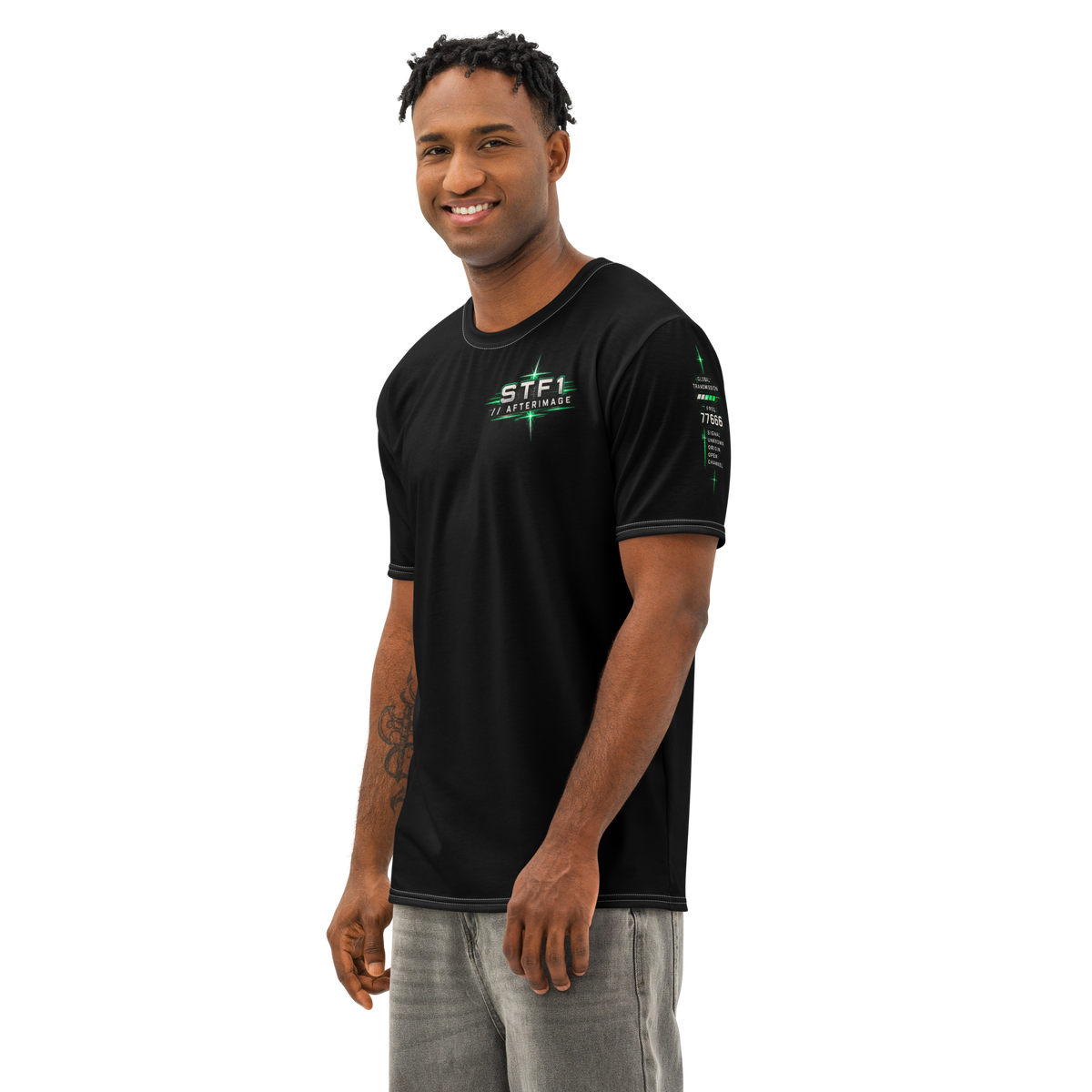 Male model wearing the STF1 Afterimage 001 T-shirt, three-quarter front view showing the chest and sleeve graphics