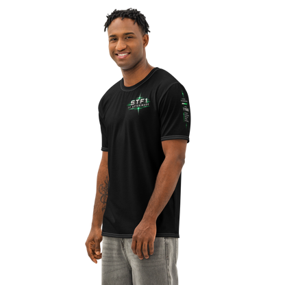 Male model wearing the STF1 Afterimage 001 T-shirt, three-quarter front view showing the chest and sleeve graphics
