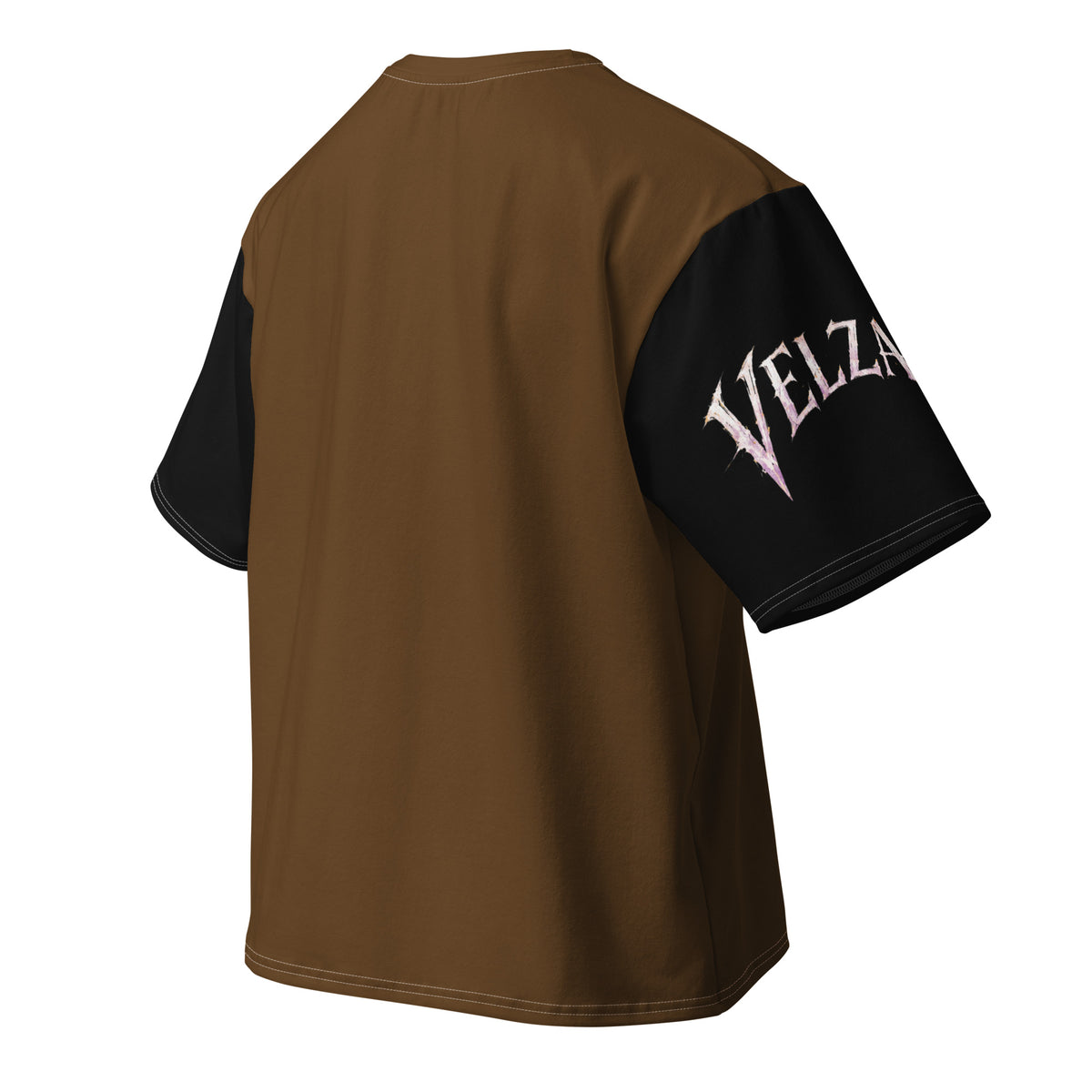 Back right angle view of Velzara Triumph Brown Oversized T-Shirt by STF1 Graphix