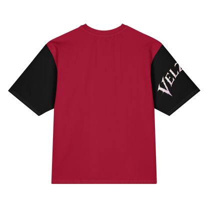 Back view of Velzara Triumph Red Oversized T-Shirt by STF1 Graphix