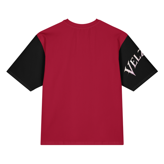 Back view of Velzara Triumph Red Oversized T-Shirt by STF1 Graphix