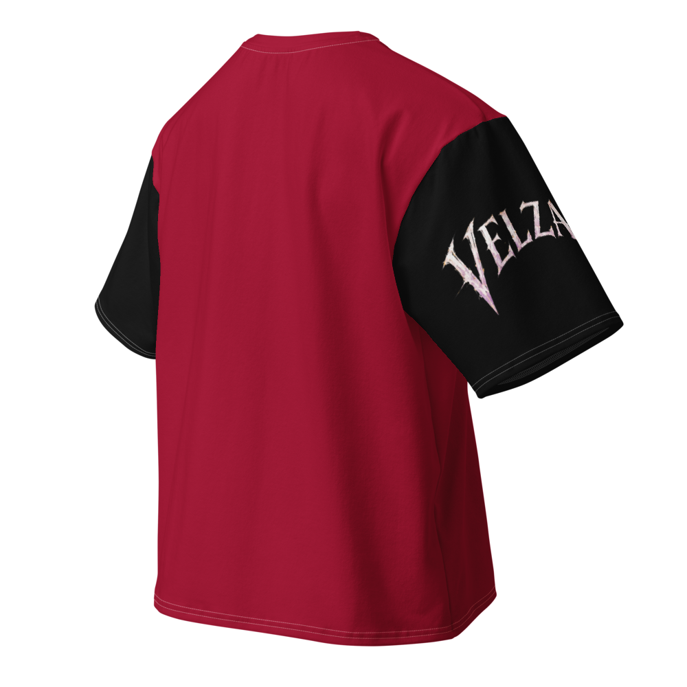 Back right angle view of Velzara Triumph Red Oversized T-Shirt by STF1 Graphix
