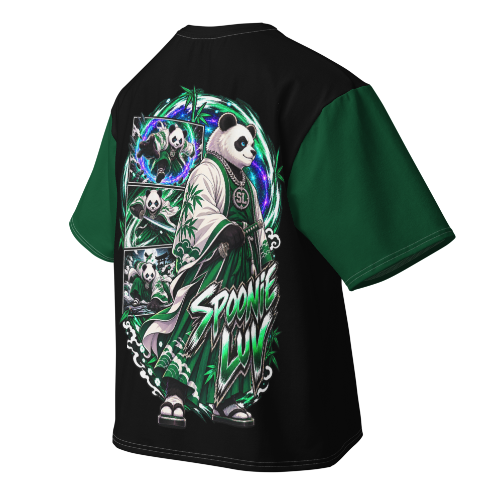 Angled back view of green and black Spoonie Luv oversized T-shirt featuring Harajuku Samurai artwork