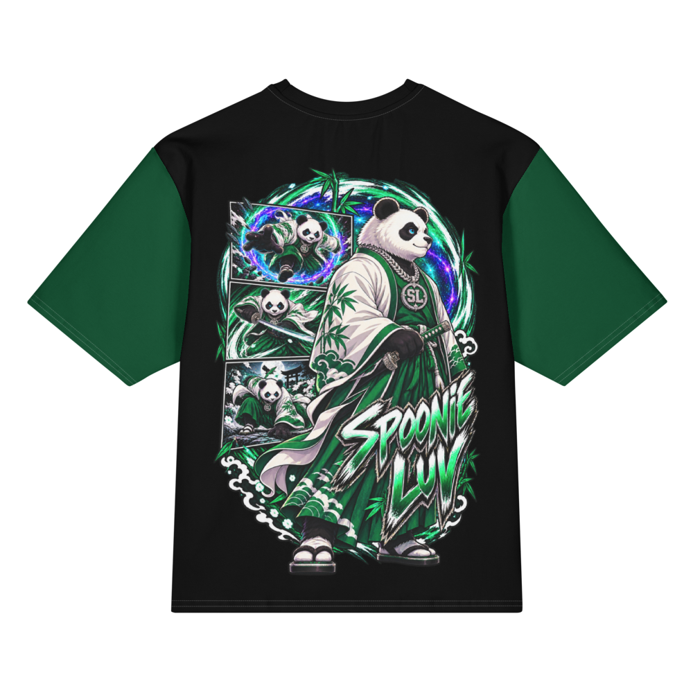 Back view of green and black Harajuku Samurai Spoonie Luv oversized T-shirt with full character artwork