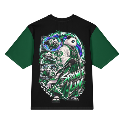 Back view of green and black Harajuku Samurai Spoonie Luv oversized T-shirt with full character artwork