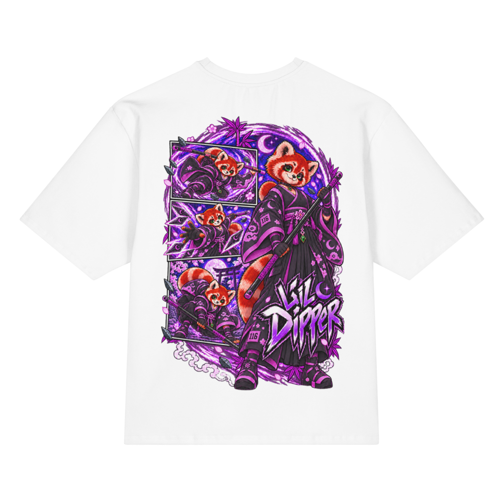 Back view of white Harajuku Samurai Lil Dipper oversized T-shirt featuring full red-panda samurai artwork
