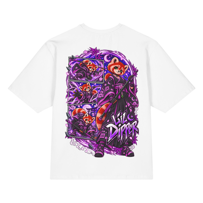 Back view of white Harajuku Samurai Lil Dipper oversized T-shirt featuring full red-panda samurai artwork