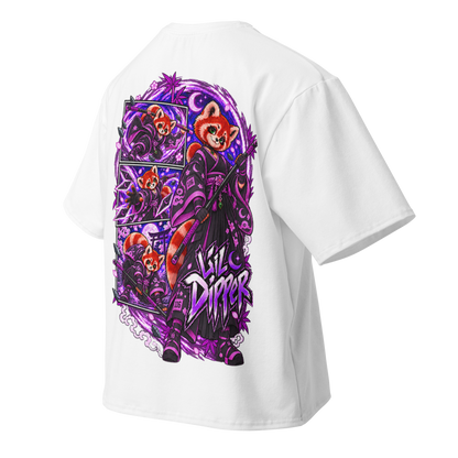 Angled back view of white Lil Dipper oversized T-shirt featuring original moonlit samurai artwork