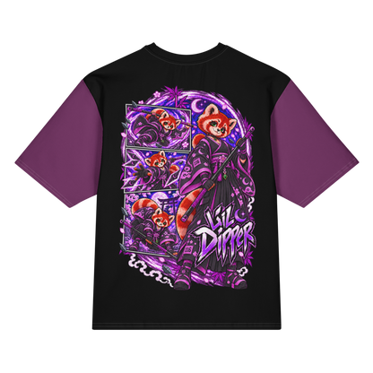 Back view of purple and black Harajuku Samurai Lil Dipper oversized T-shirt featuring full red-panda samurai artwork