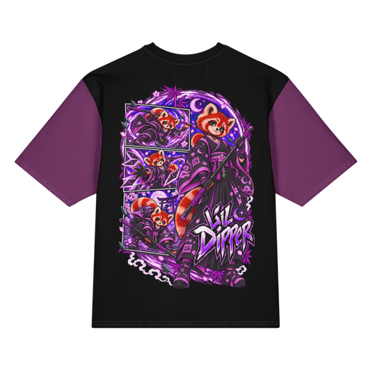 Back view of purple and black Harajuku Samurai Lil Dipper oversized T-shirt featuring full red-panda samurai artwork