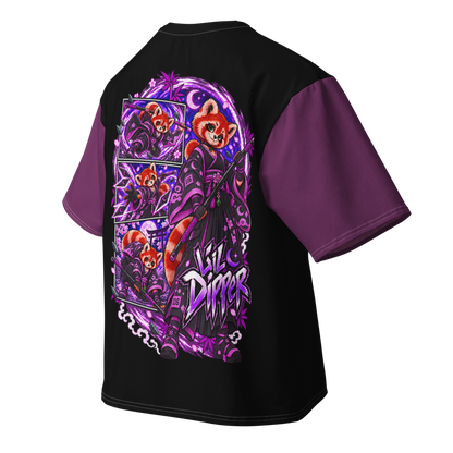 Angled front view of purple and black Lil Dipper oversized T-shirt showing the Harajuku character emblem