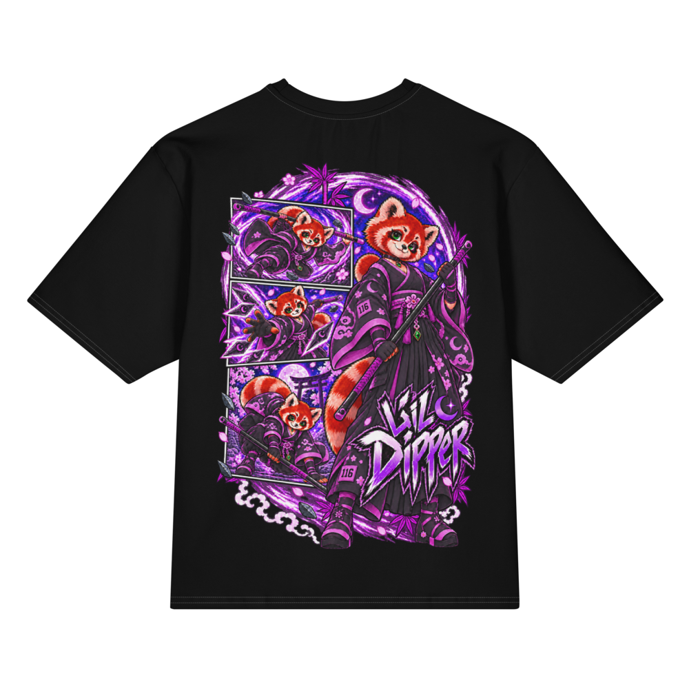 Back view of black Harajuku Samurai Lil Dipper oversized T-shirt featuring full red-panda samurai artwork