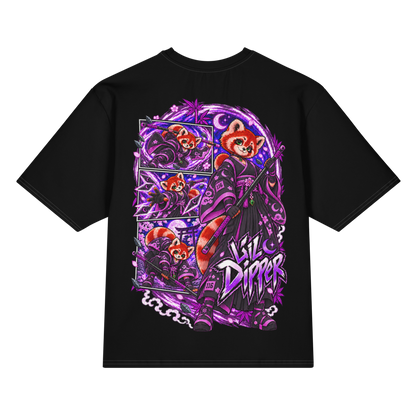 Back view of black Harajuku Samurai Lil Dipper oversized T-shirt featuring full red-panda samurai artwork