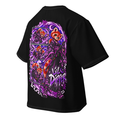 Angled back view of black Lil Dipper oversized T-shirt featuring original moonlit samurai artwork