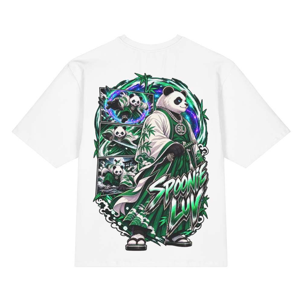Back view of white Harajuku Samurai Spoonie Luv oversized T-shirt featuring full emerald samurai artwork