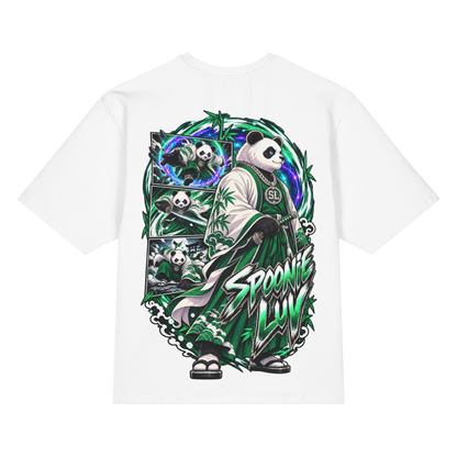 Back view of white Harajuku Samurai Spoonie Luv oversized T-shirt featuring full emerald samurai artwork