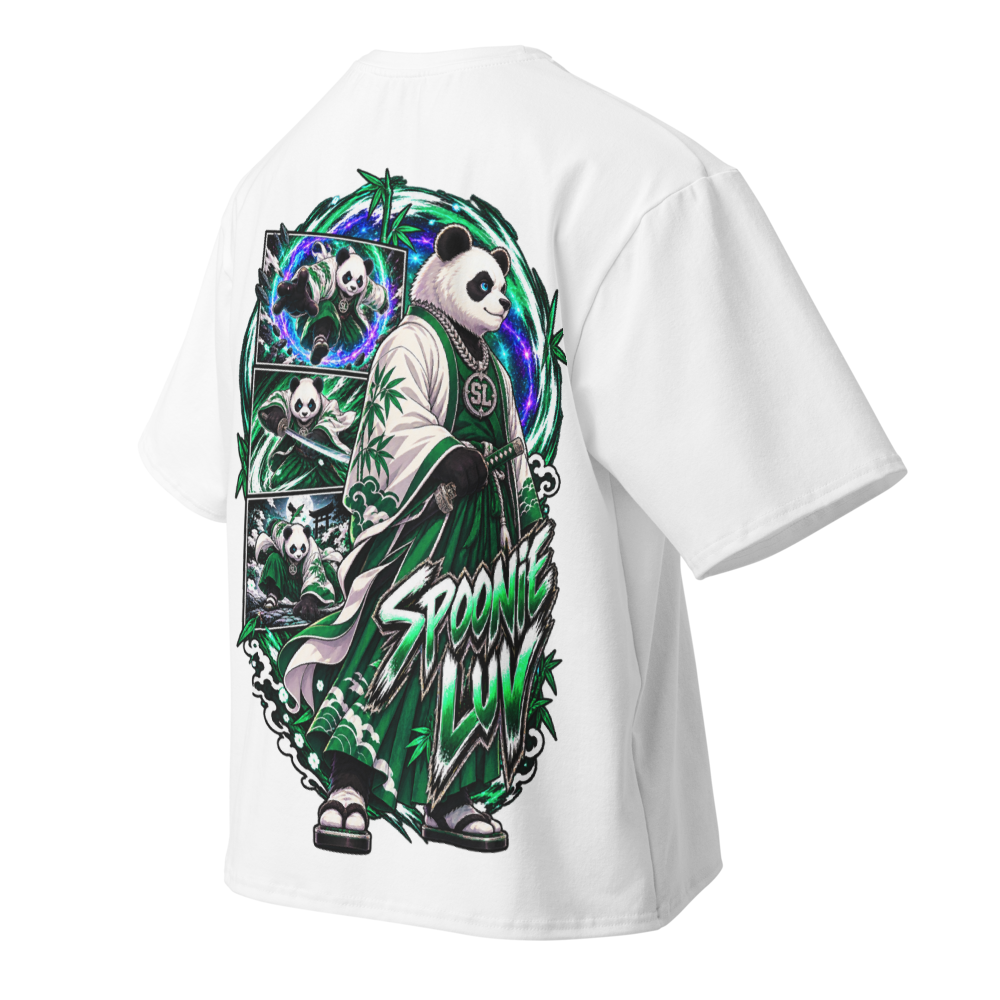 Angled back view of white Spoonie Luv oversized T-shirt featuring original Harajuku Samurai character artwork