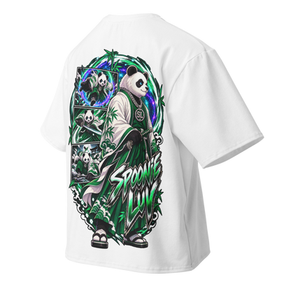 Angled back view of white Spoonie Luv oversized T-shirt featuring original Harajuku Samurai character artwork