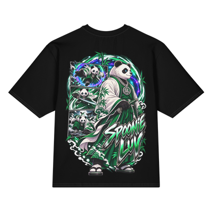 Back view of black Harajuku Samurai Spoonie Luv oversized T-shirt featuring full emerald samurai artwork
