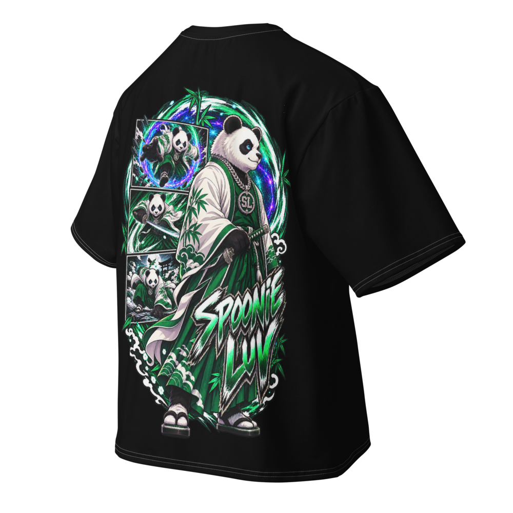 Angled back view of black Spoonie Luv oversized T-shirt featuring original Harajuku Samurai character artwork