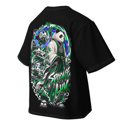 Angled back view of black Spoonie Luv oversized T-shirt featuring original Harajuku Samurai character artwork
