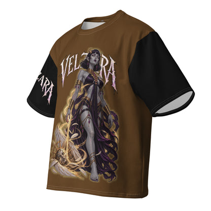 Angled view of Velzara Triumph Brown Oversized T-Shirt with original character artwork