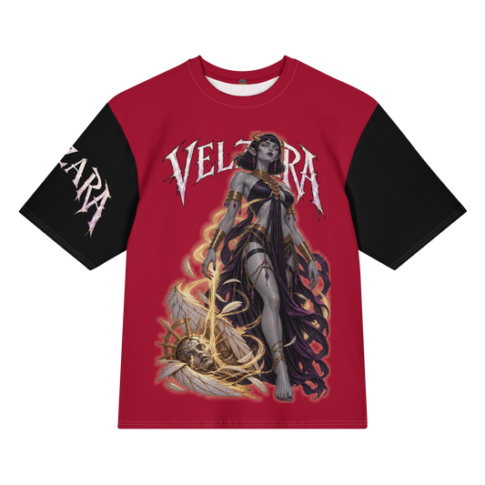 Velzara Triumph Red Oversized T-Shirt featuring original STF1 Graphix dark fantasy artwork