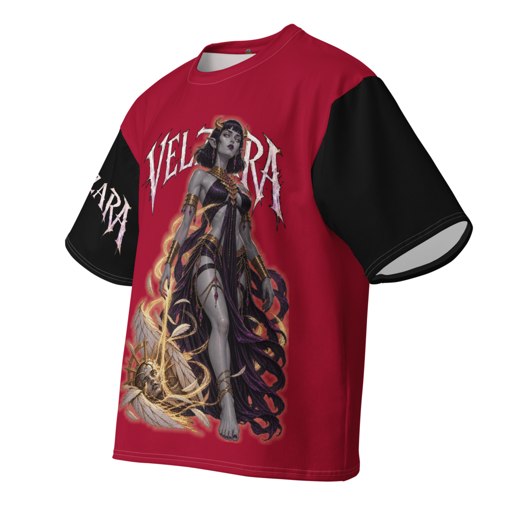 Angled view of Velzara Triumph Red Oversized T-Shirt with original character artwork