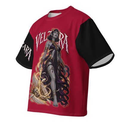 Angled view of Velzara Triumph Red Oversized T-Shirt with original character artwork