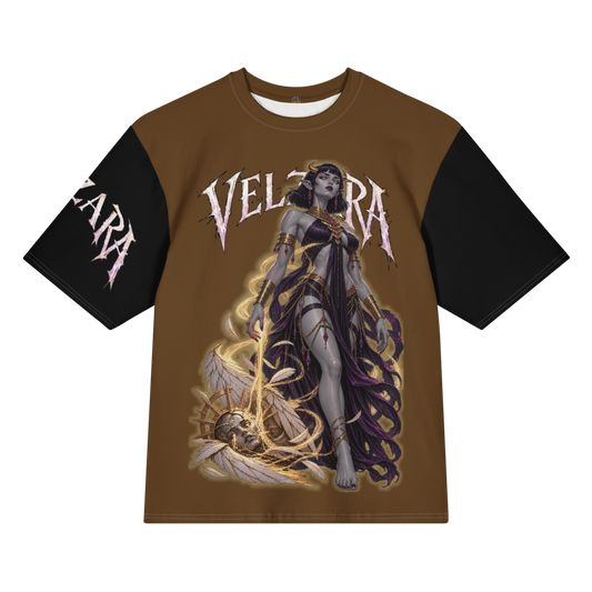 Velzara Triumph Brown Oversized T-Shirt featuring original STF1 Graphix dark fantasy artwork