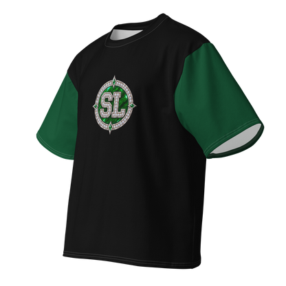 Angled front view of green and black Spoonie Luv oversized T-shirt showing the emerald SL chest emblem