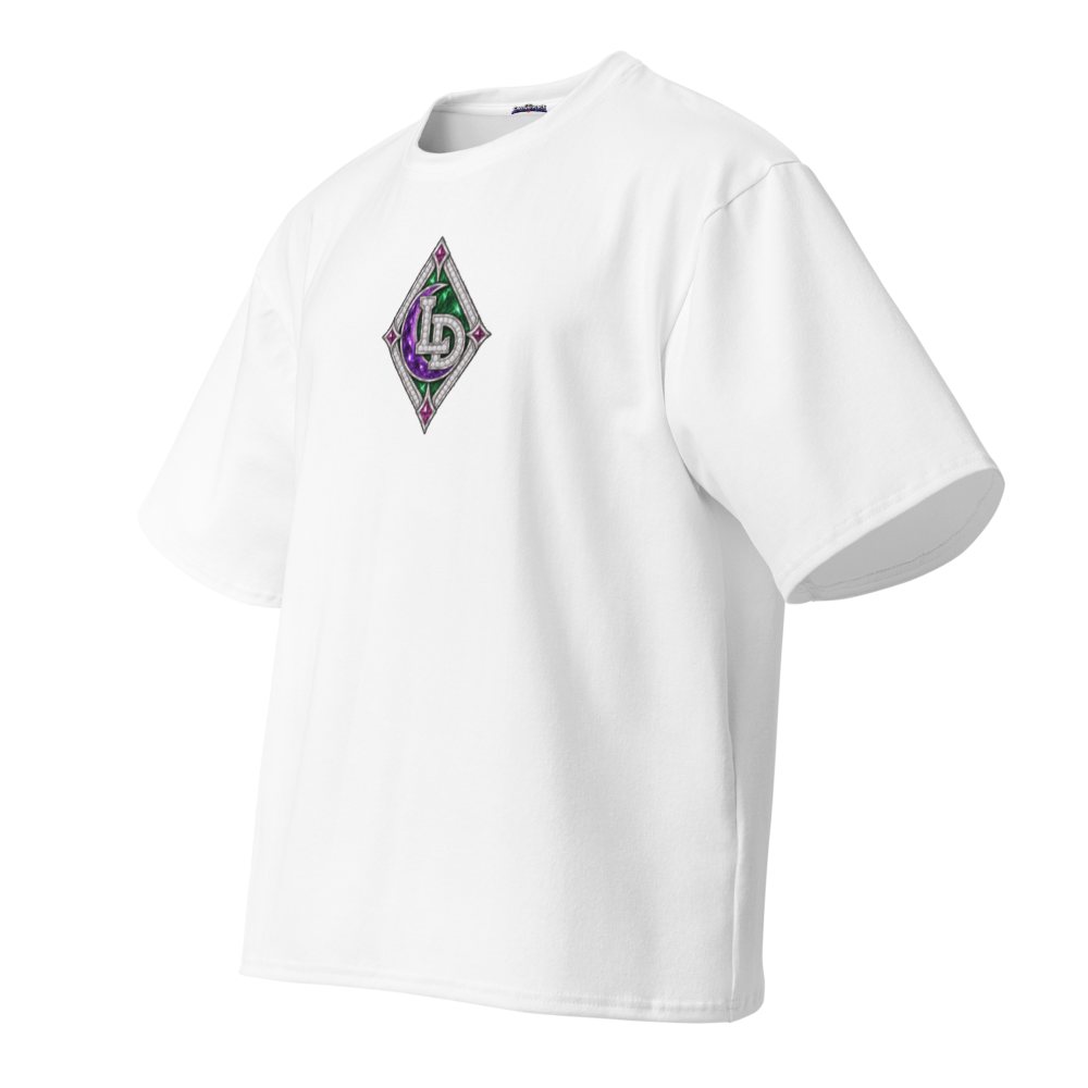 Angled front view of white Lil Dipper oversized T-shirt showing the purple Harajuku character emblem