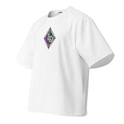 Angled front view of white Lil Dipper oversized T-shirt showing the purple Harajuku character emblem