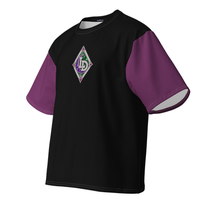Angled back view of purple and black Lil Dipper oversized T-shirt featuring original moonlit samurai artwork