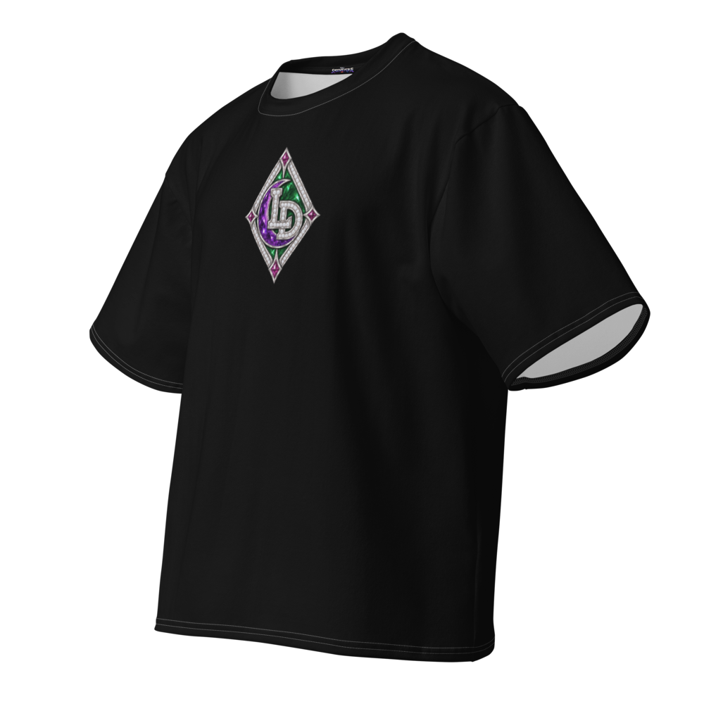 Angled front view of black Lil Dipper oversized T-shirt showing the purple Harajuku character emblem