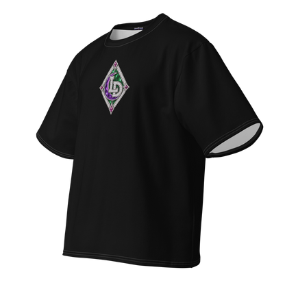 Angled front view of black Lil Dipper oversized T-shirt showing the purple Harajuku character emblem