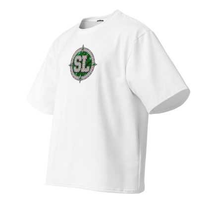 Angled front view of white Spoonie Luv oversized T-shirt showing the circular emerald SL chest emblem
