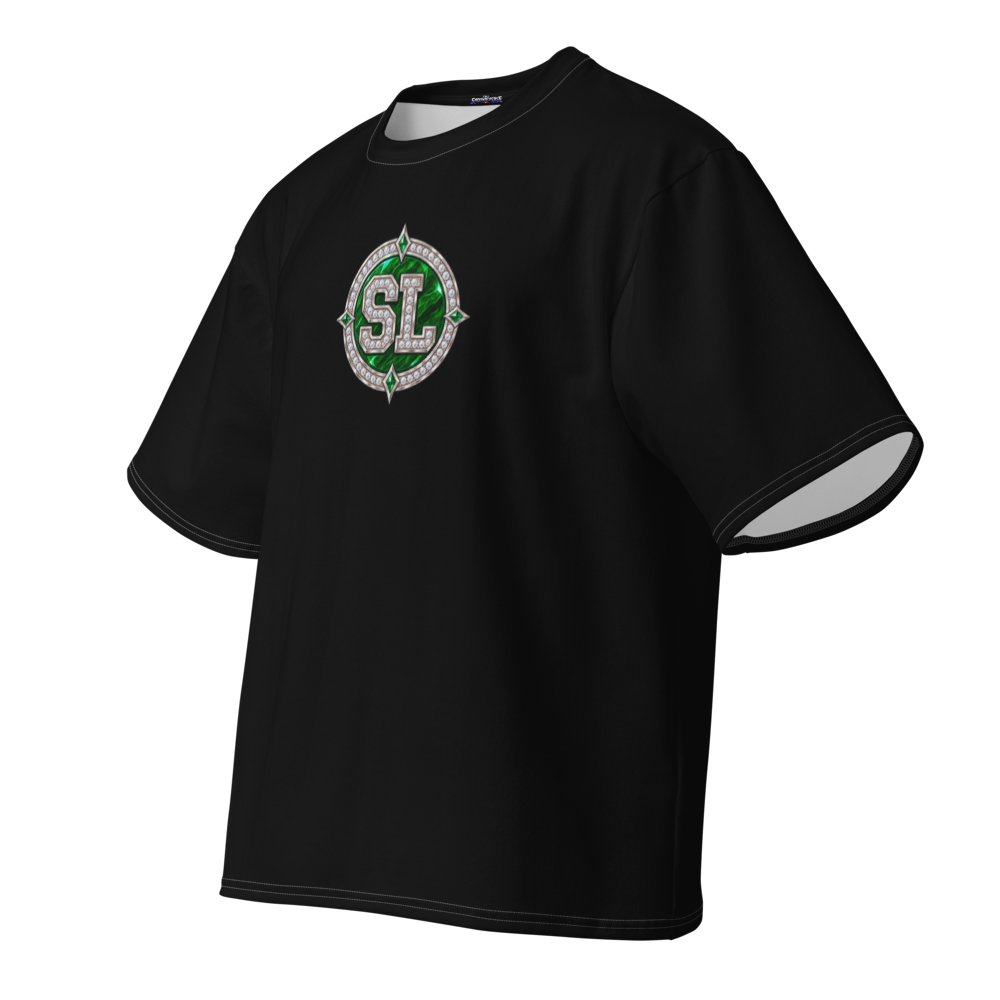 Angled front view of black Spoonie Luv oversized T-shirt showing the circular emerald SL chest emblem