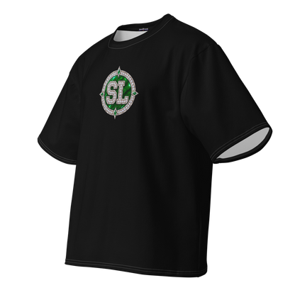 Angled front view of black Spoonie Luv oversized T-shirt showing the circular emerald SL chest emblem