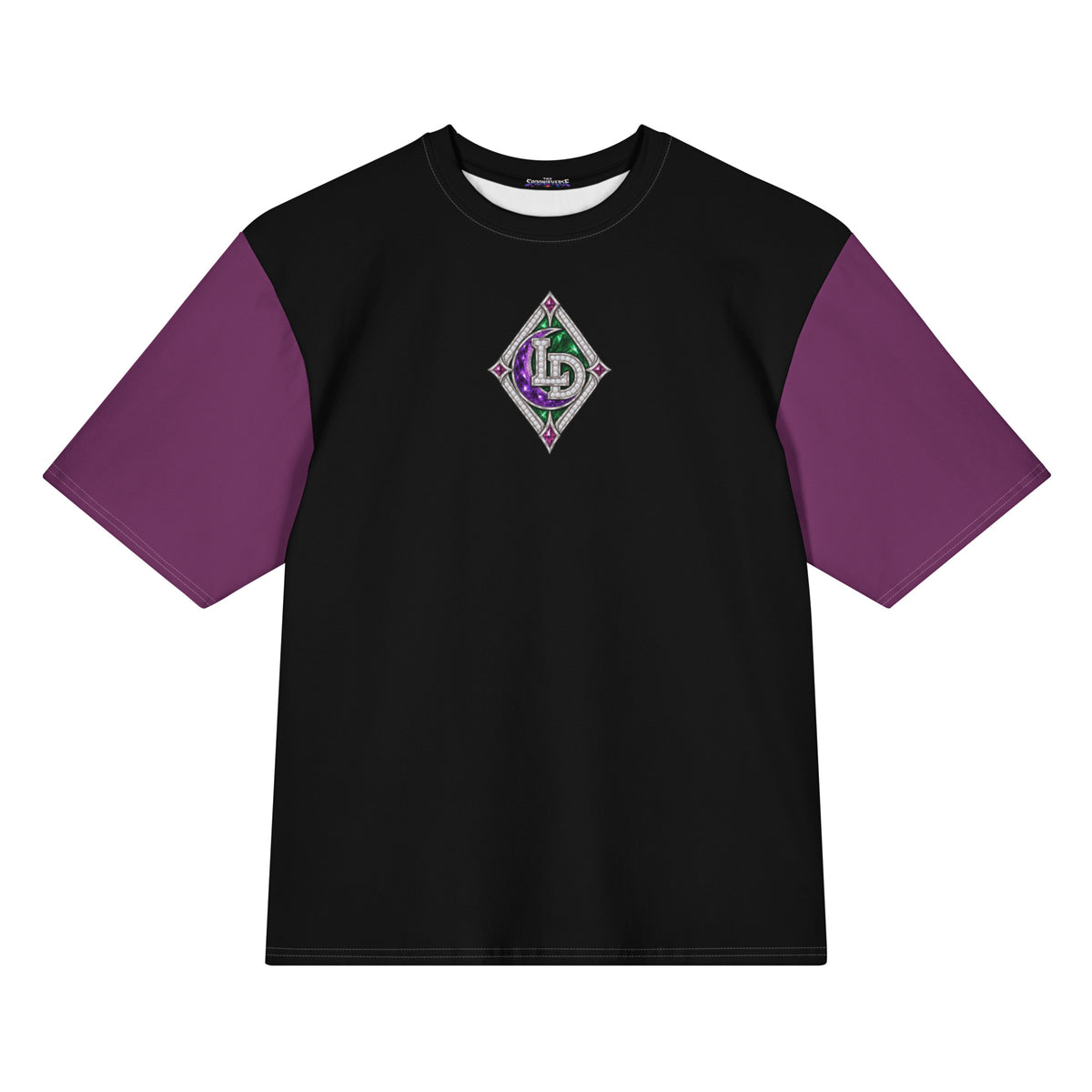 Front view of purple and black Harajuku Samurai Lil Dipper oversized T-shirt with character emblem