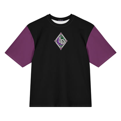 Front view of purple and black Harajuku Samurai Lil Dipper oversized T-shirt with character emblem