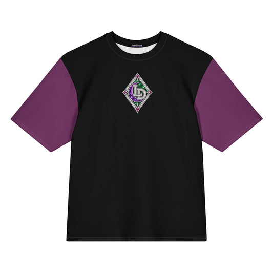 Front view of purple and black Harajuku Samurai Lil Dipper oversized T-shirt with character emblem