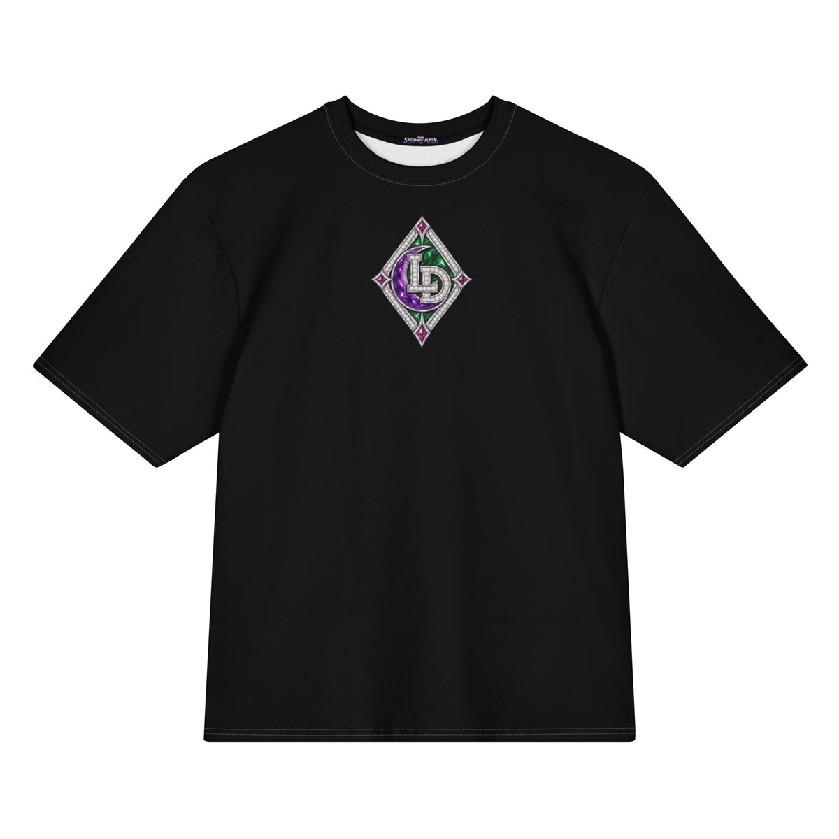 Front view of black Harajuku Samurai Lil Dipper oversized T-shirt with purple character emblem