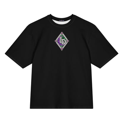Front view of black Harajuku Samurai Lil Dipper oversized T-shirt with purple character emblem