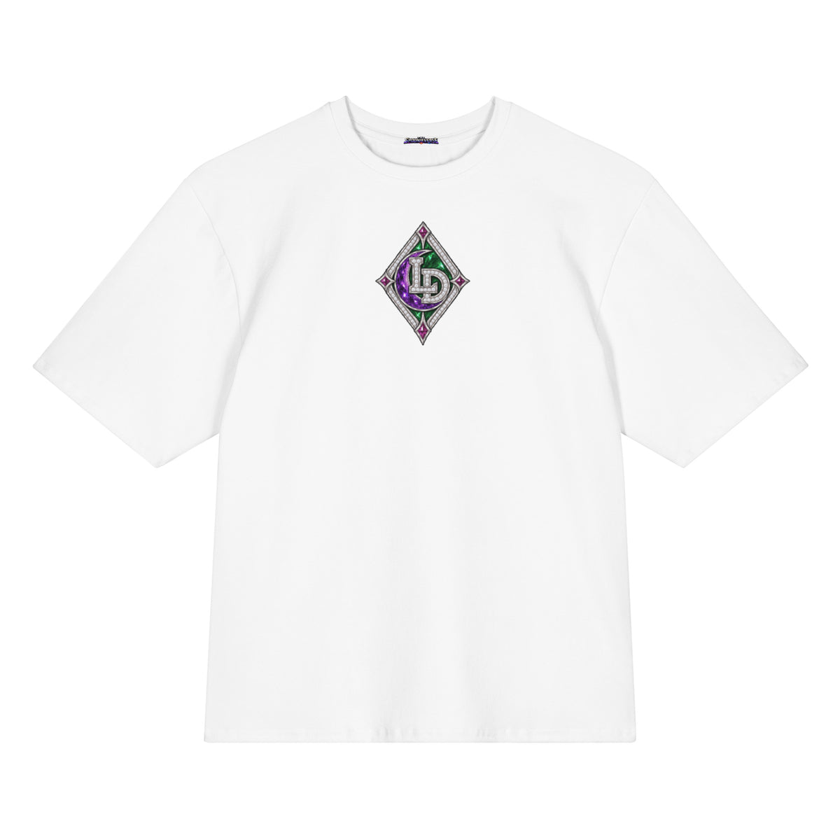 Front view of white Harajuku Samurai Lil Dipper oversized T-shirt with purple character emblem